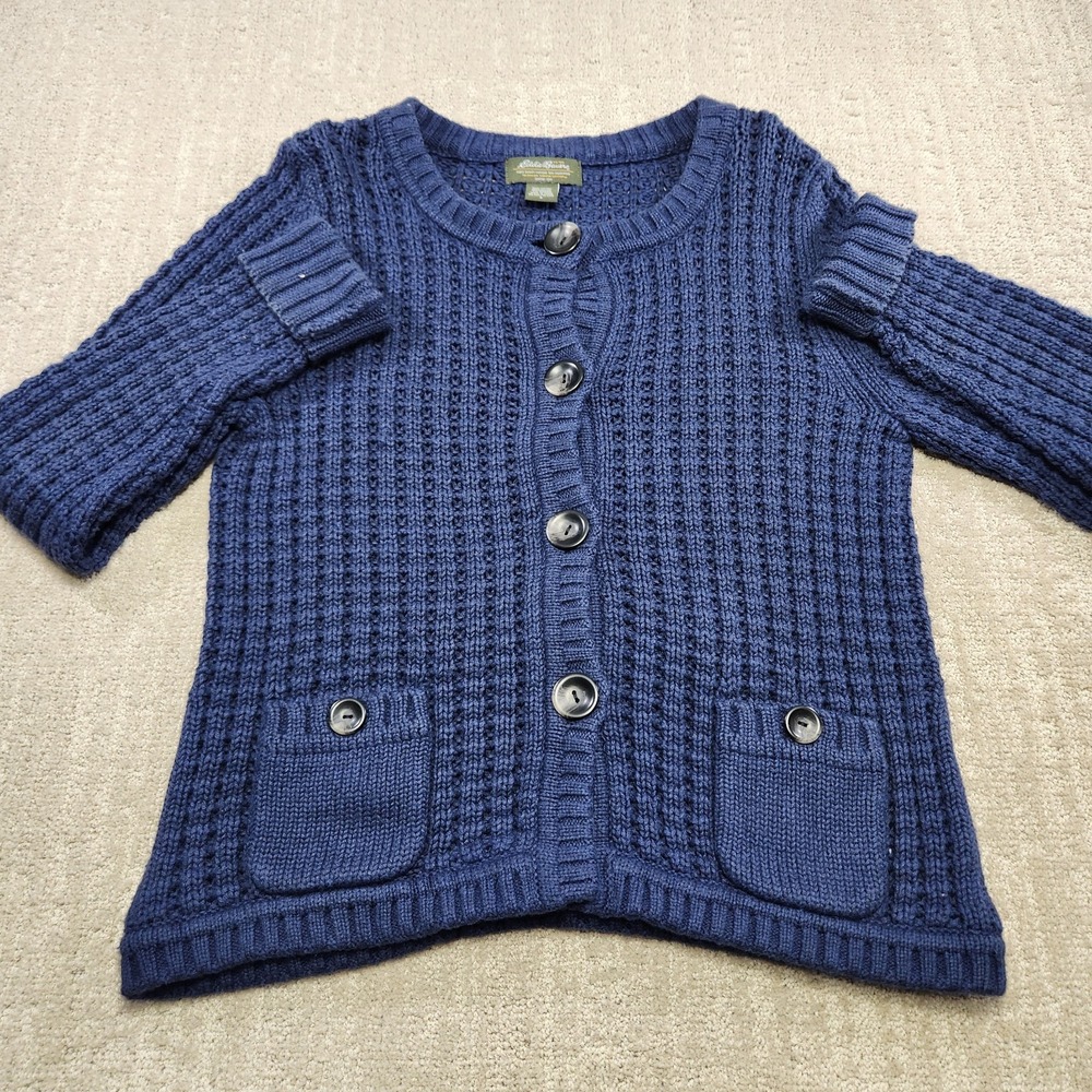 Eddie Bauer Sweater Women Large Chunky Airy Knit Blue Cardigan Cotton Angora